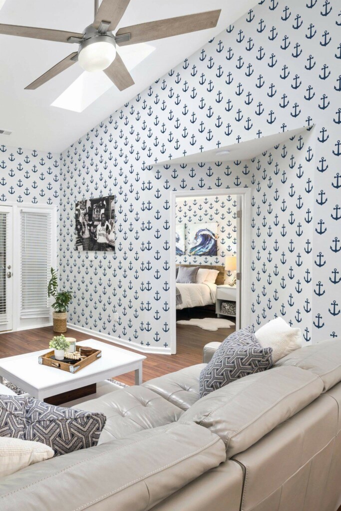 Coastal scandinavian style living room and bedroom decorated with Nautical peel and stick wallpaper