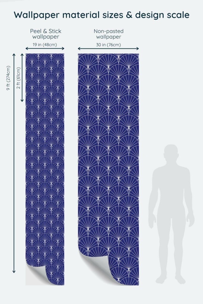 Size comparison of Navy Art Deco Peel & Stick and Non-pasted wallpapers with design scale relative to human figure
