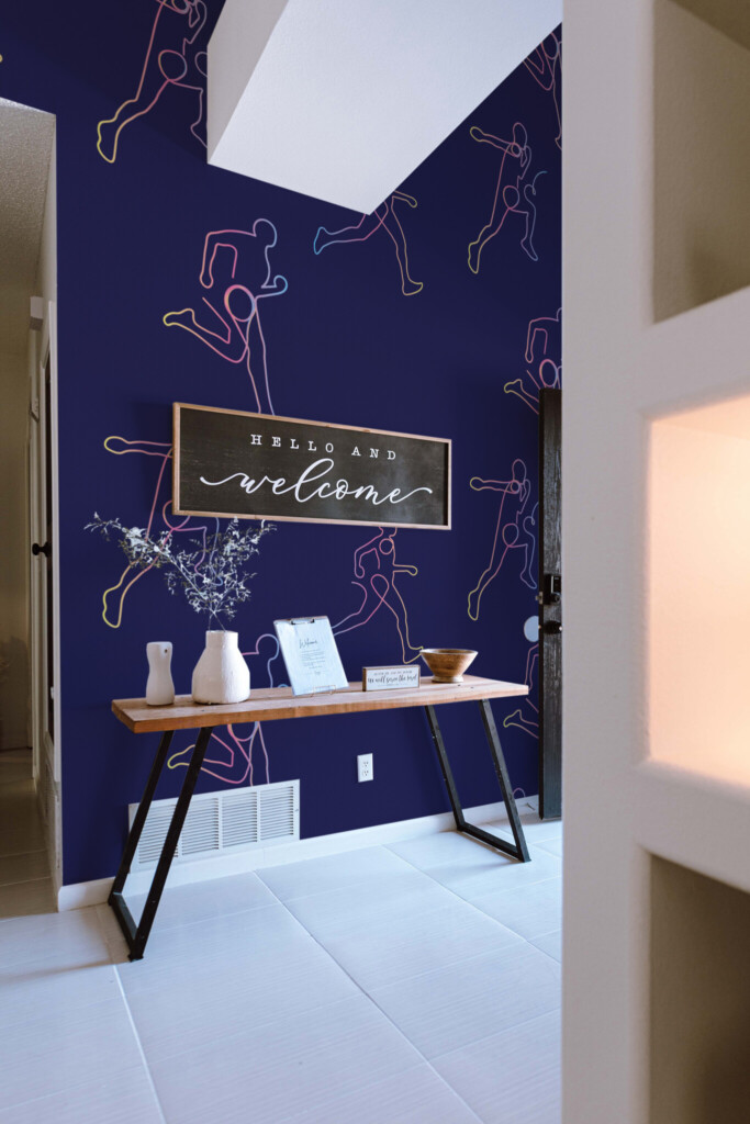 Fancy Walls removable wall mural of minimalist rainbow runners on blue background