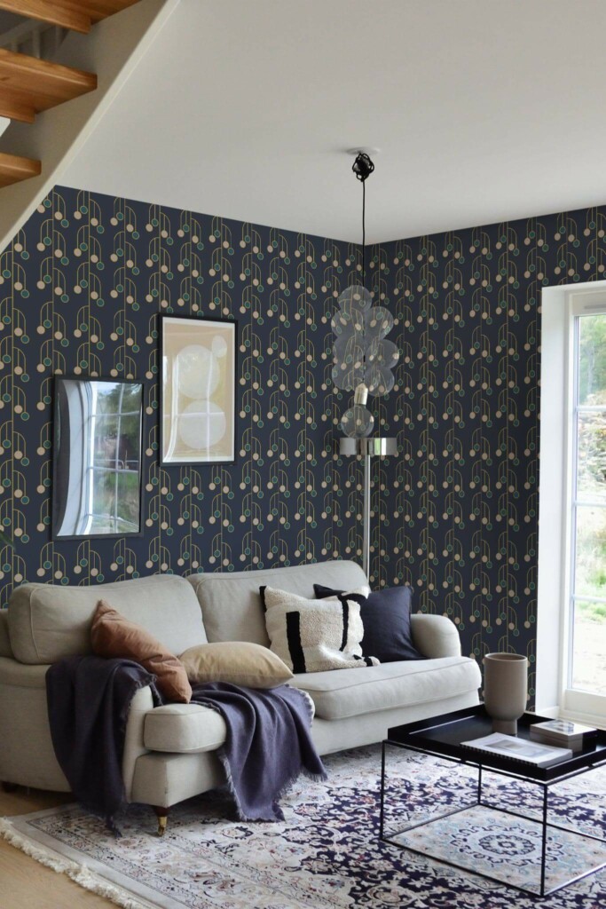 Contemporary style living room and kitchendecorated with Navy blue Art deco peel and stick wallpaper