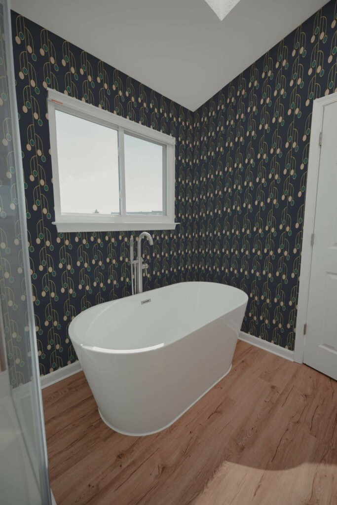 Modern style bathroom decorated with Navy blue Art deco peel and stick wallpaper