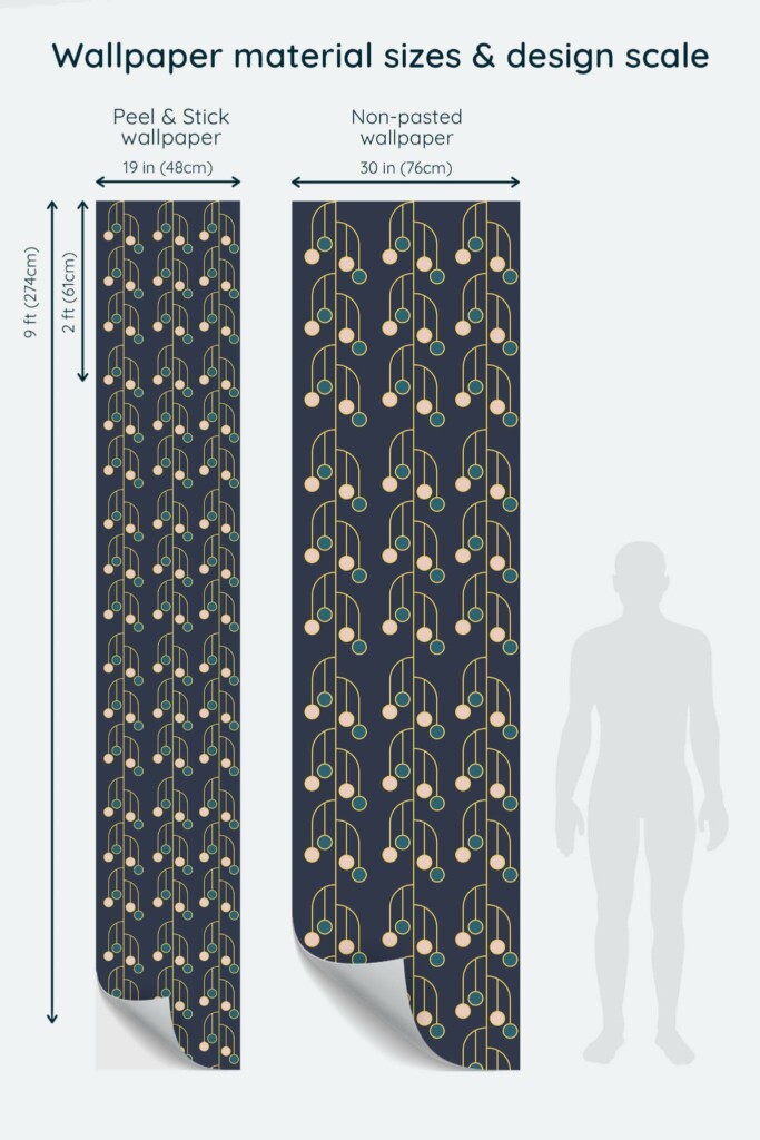 Size comparison of Navy blue art deco Peel & Stick and Non-pasted wallpapers with design scale relative to human figure