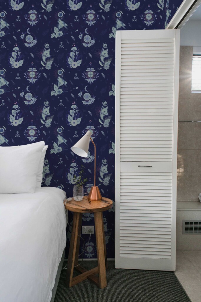 Fancy Walls removable wallpaper with navy blue celestial pattern for bedroom walls