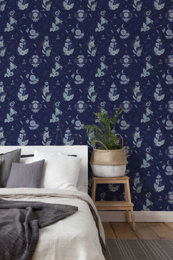 Fancy Walls Gothic Fantasy wallpaper peel and stick or non-pasted wallpaper in navy blue celestial pattern for bedroom walls.