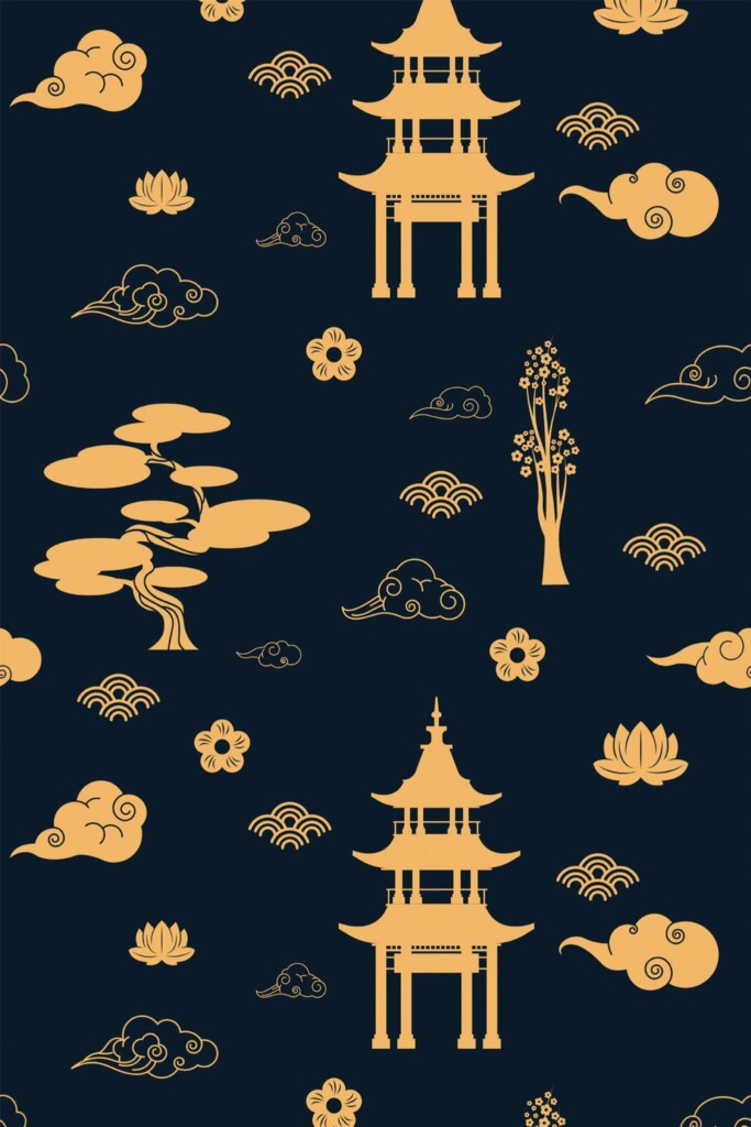 Pattern repeat of Navy blue china abstract removable wallpaper design