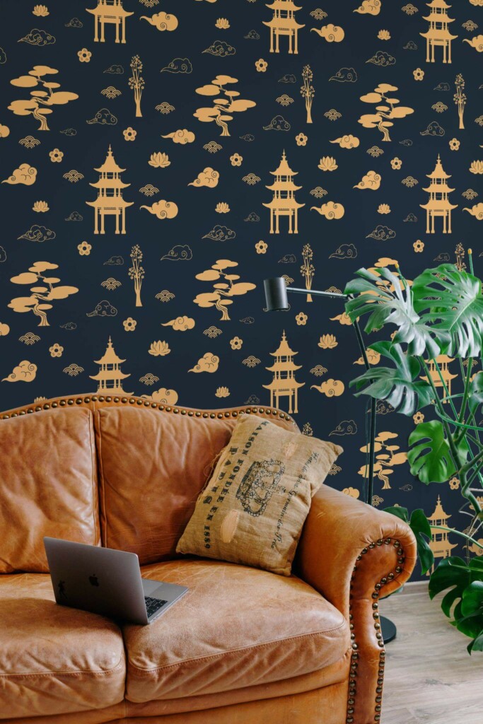 Mid-century modern style living room decorated with Navy blue china peel and stick wallpaper