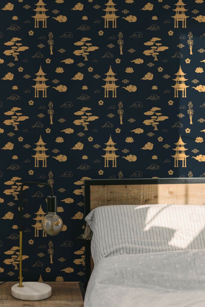 Minimal modern style bedroom decorated with Navy blue china peel and stick wallpaper