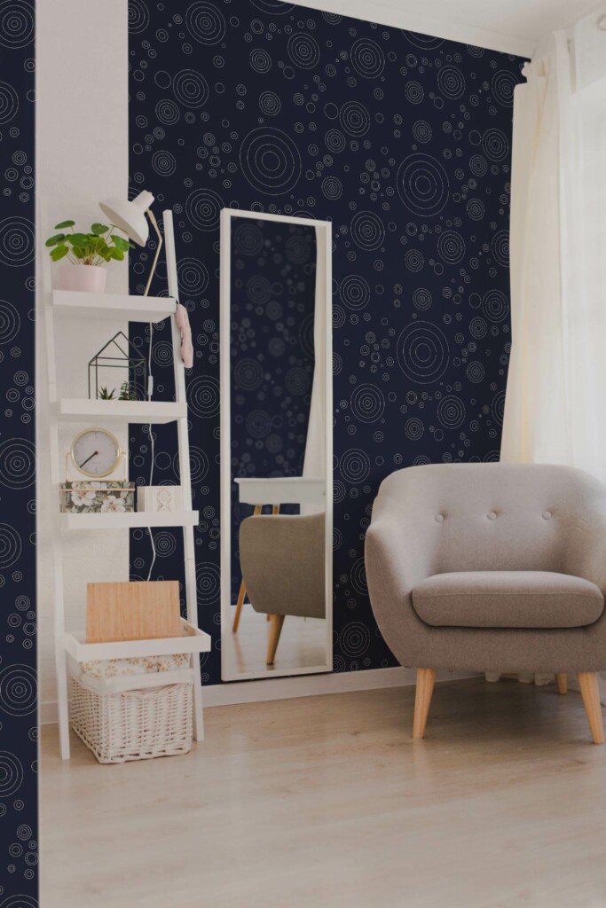 Light boho style living room decorated with Navy blue circles peel and stick wallpaper