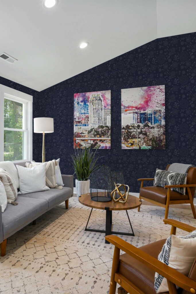 Mid-century modern style living room decorated with Navy blue circles peel and stick wallpaper and colorful funky artwork