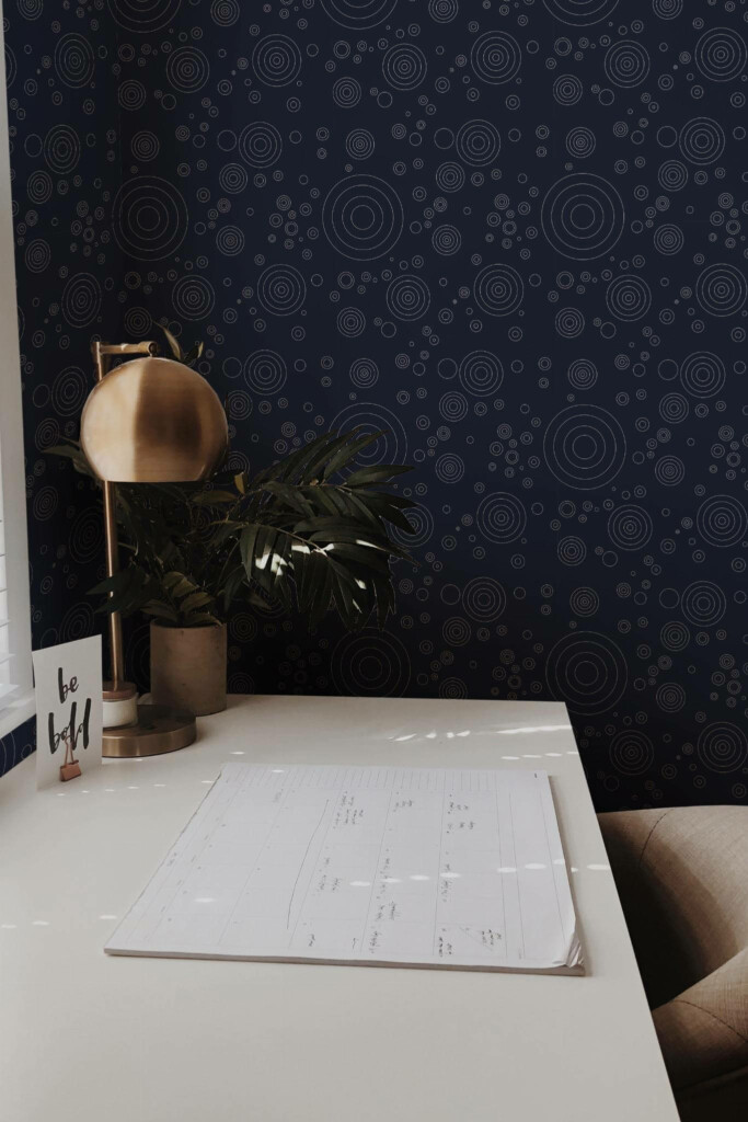 Rustic style home office decorated with Navy blue circles peel and stick wallpaper