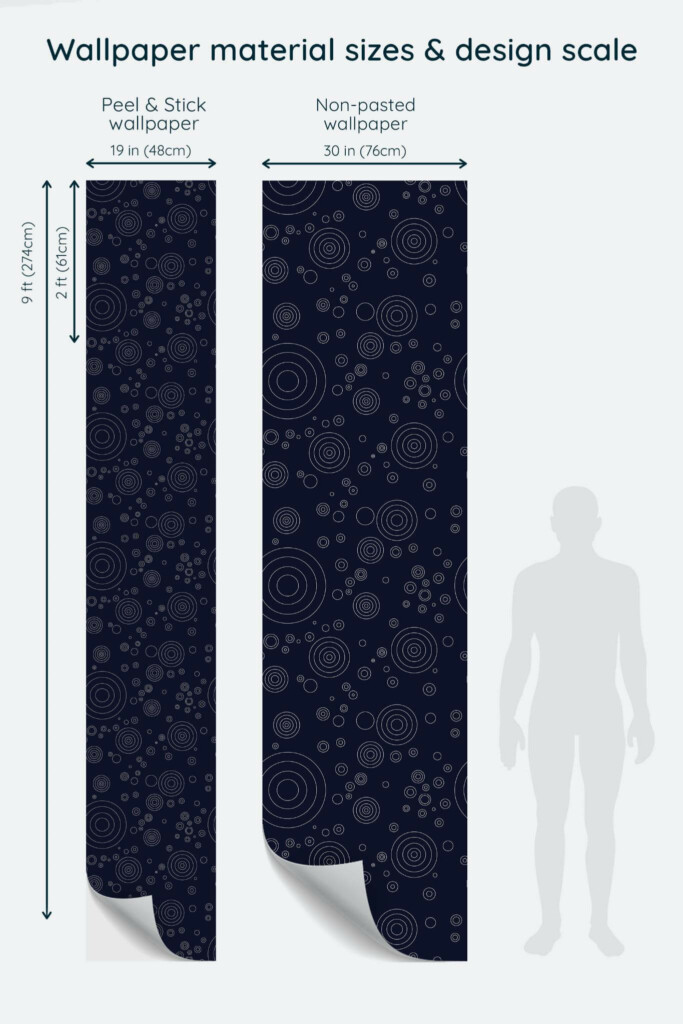 Size comparison of Navy blue circles Peel & Stick and Non-pasted wallpapers with design scale relative to human figure