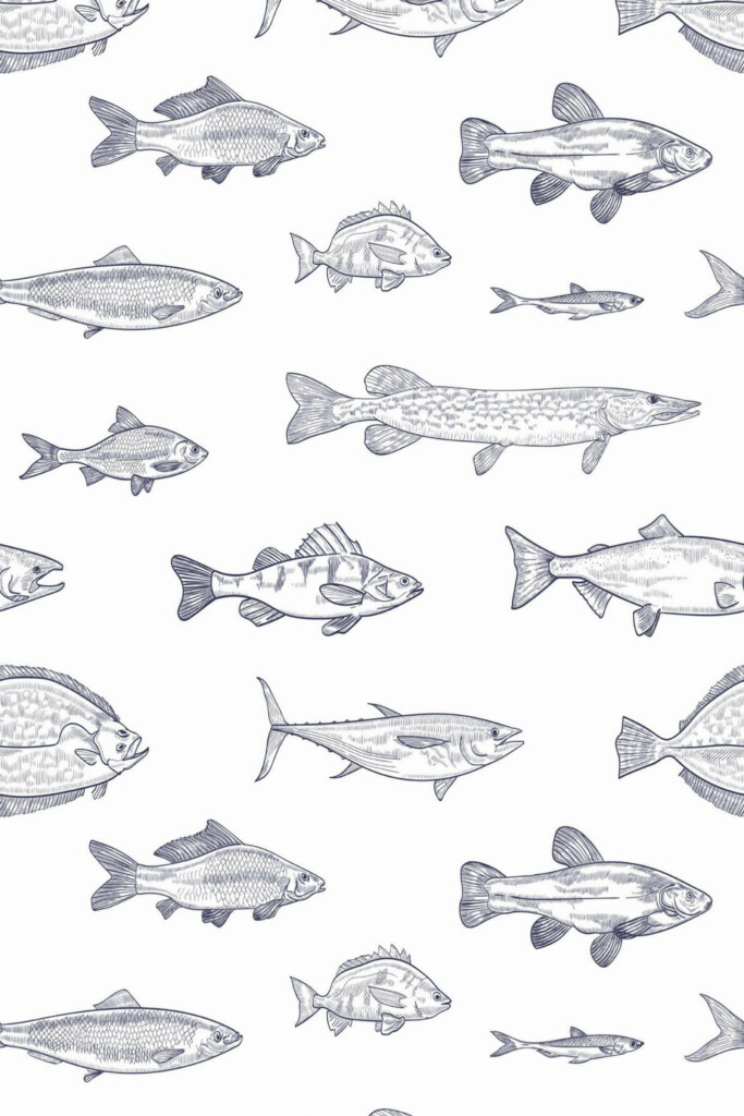 Pattern repeat of Navy blue fish removable wallpaper design