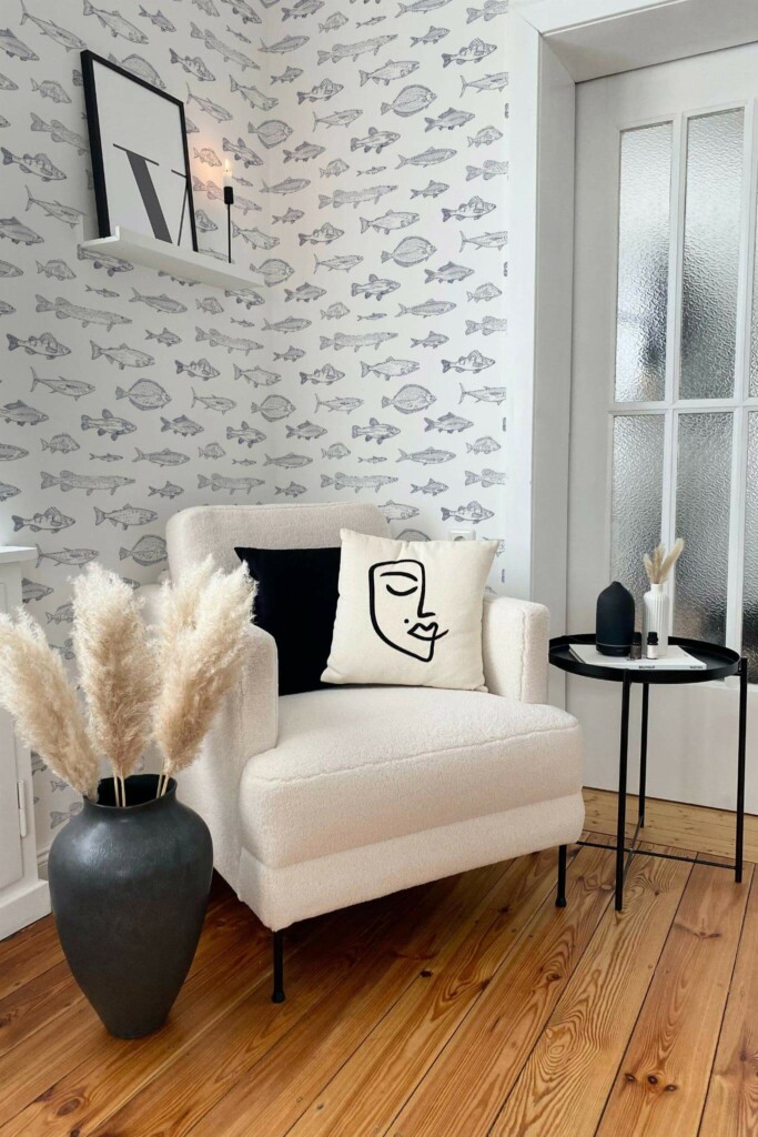 Modern boho style living room decorated with Navy blue fish peel and stick wallpaper