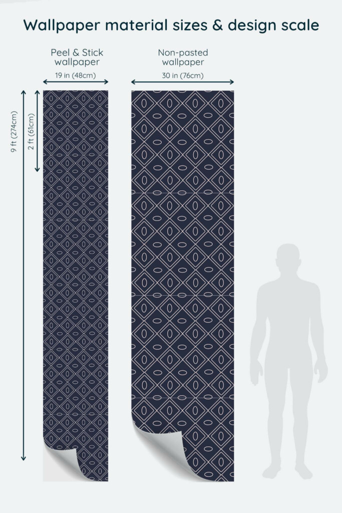 Size comparison of Navy blue geometric Peel & Stick and Non-pasted wallpapers with design scale relative to human figure