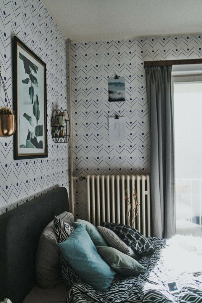 Dark scandinavian style bedroom decorated with Navy blue herringbone peel and stick wallpaper