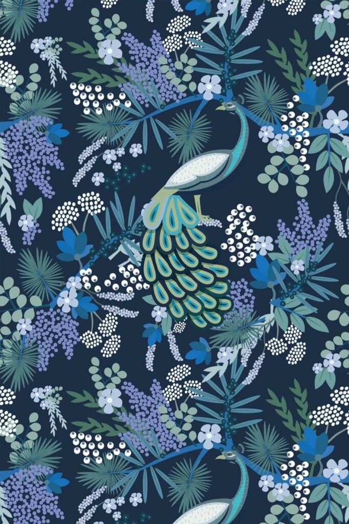 Pattern repeat of Navy Blue Peacock removable wallpaper design