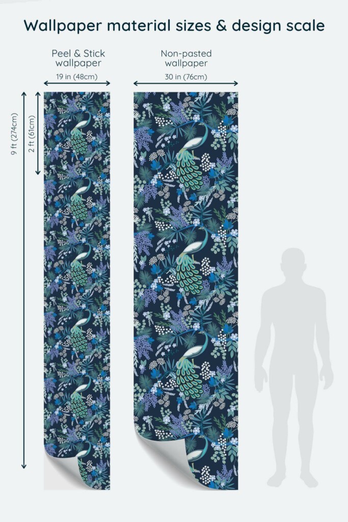 Size comparison of Navy Blue Peacock Peel & Stick and Non-pasted wallpapers with design scale relative to human figure