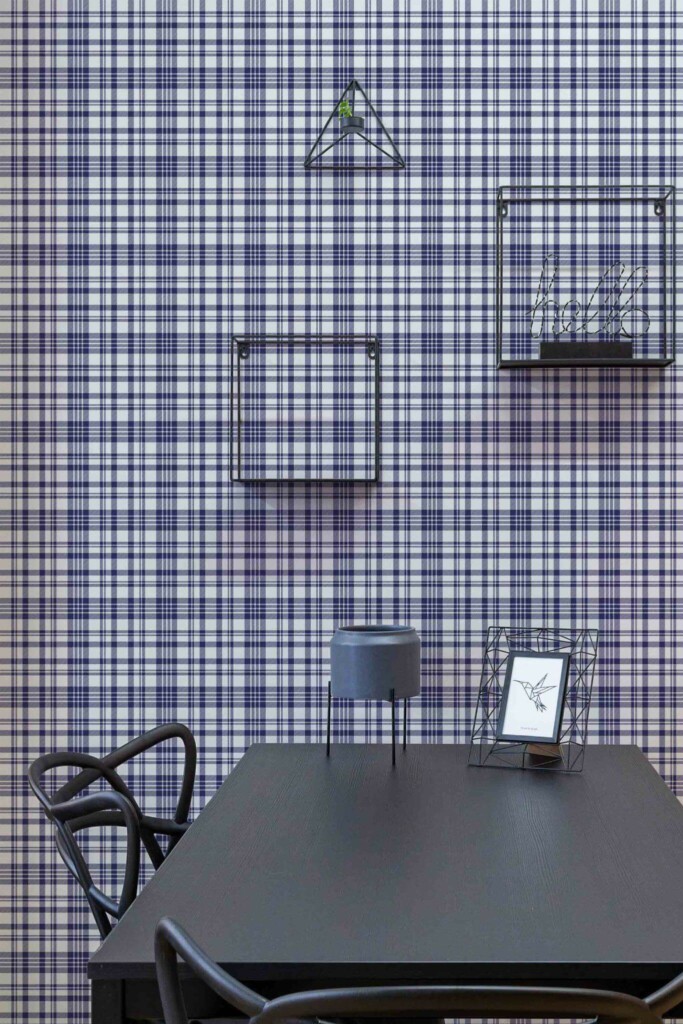 Industrial modern style dining room decorated with Navy blue plaid peel and stick wallpaper