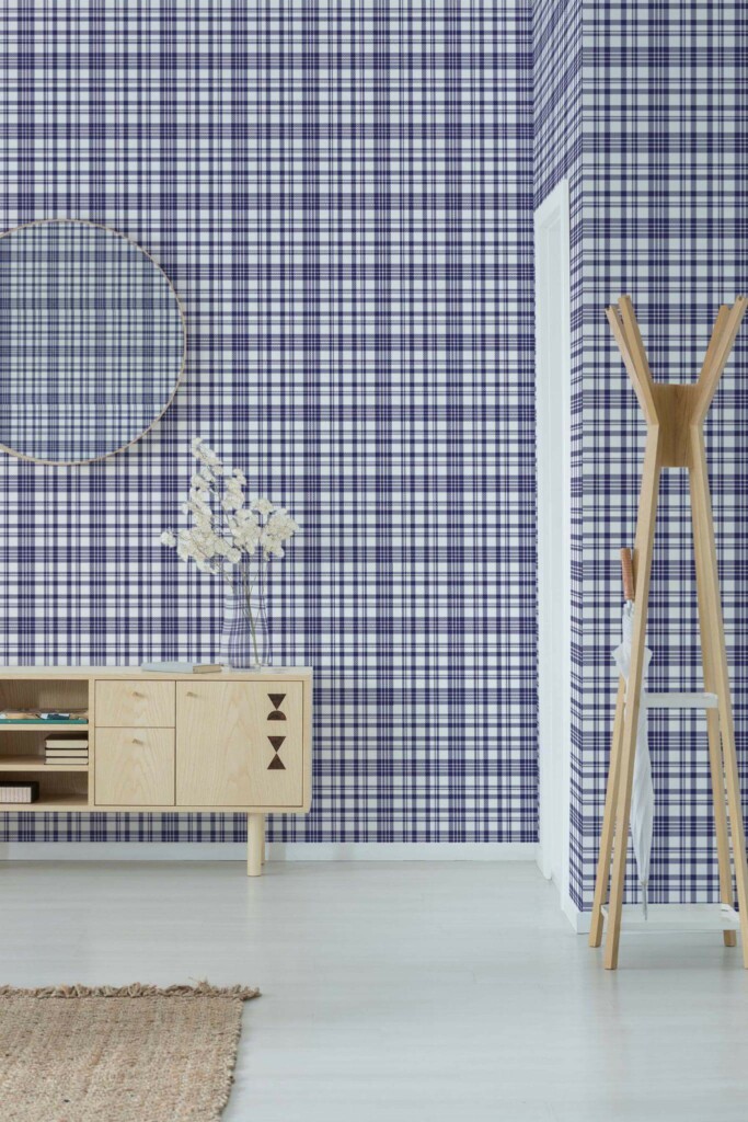 Minimal style entryway decorated with Navy blue plaid peel and stick wallpaper