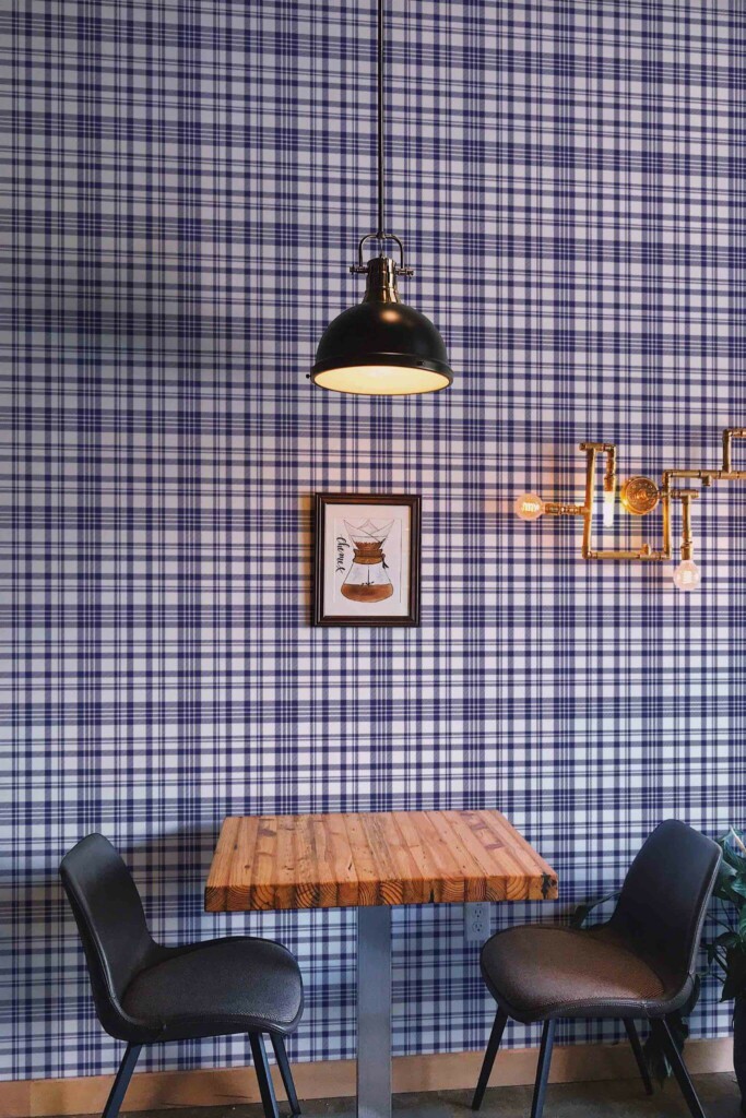Rustic farmhouse style dining room decorated with Navy blue plaid peel and stick wallpaper