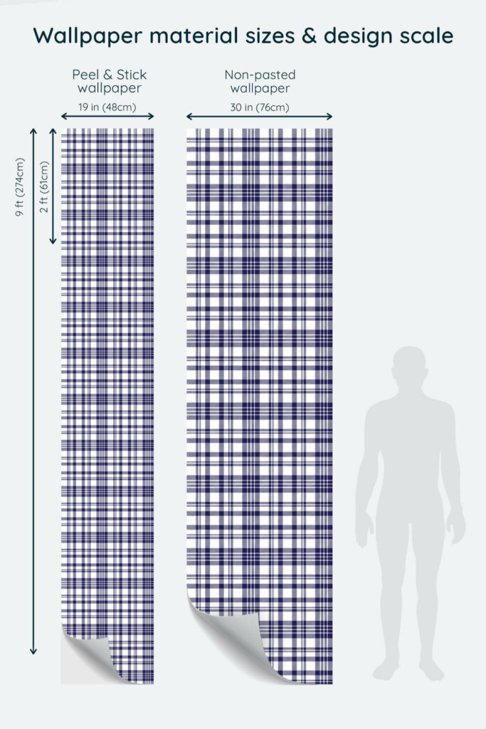 Size comparison of Navy blue plaid Peel & Stick and Non-pasted wallpapers with design scale relative to human figure