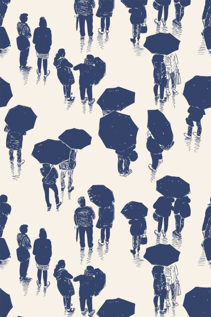 Pattern repeat of Navy blue rainy town removable wallpaper design