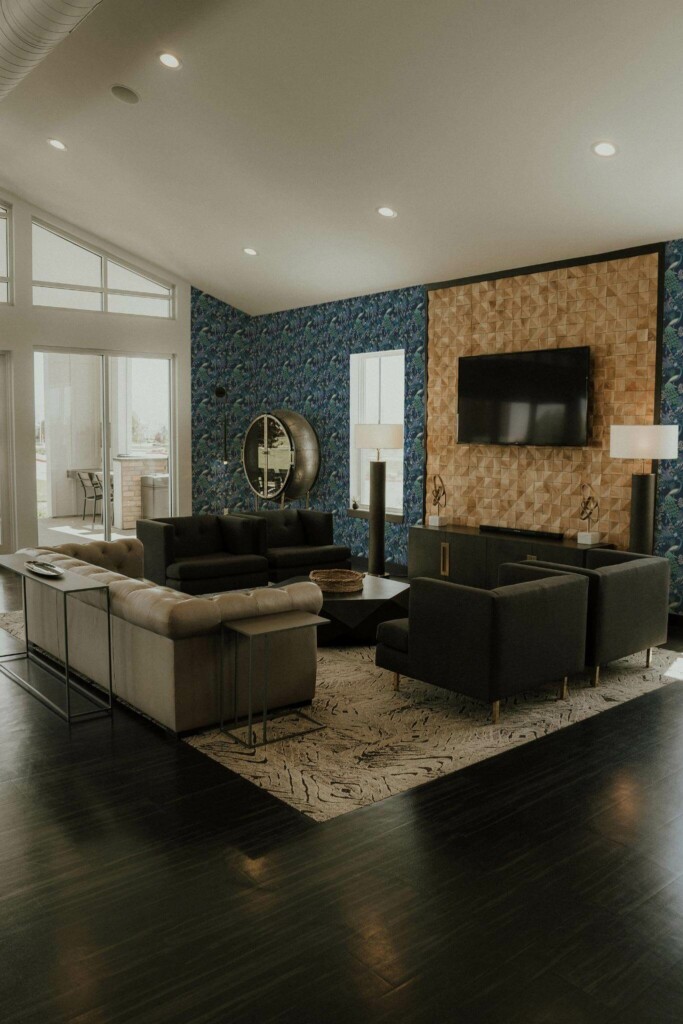 Hollywood glam style living room decorated with Navy peacock peel and stick wallpaper