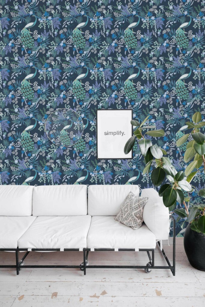 Minimal industrial style living room decorated with Navy peacock peel and stick wallpaper