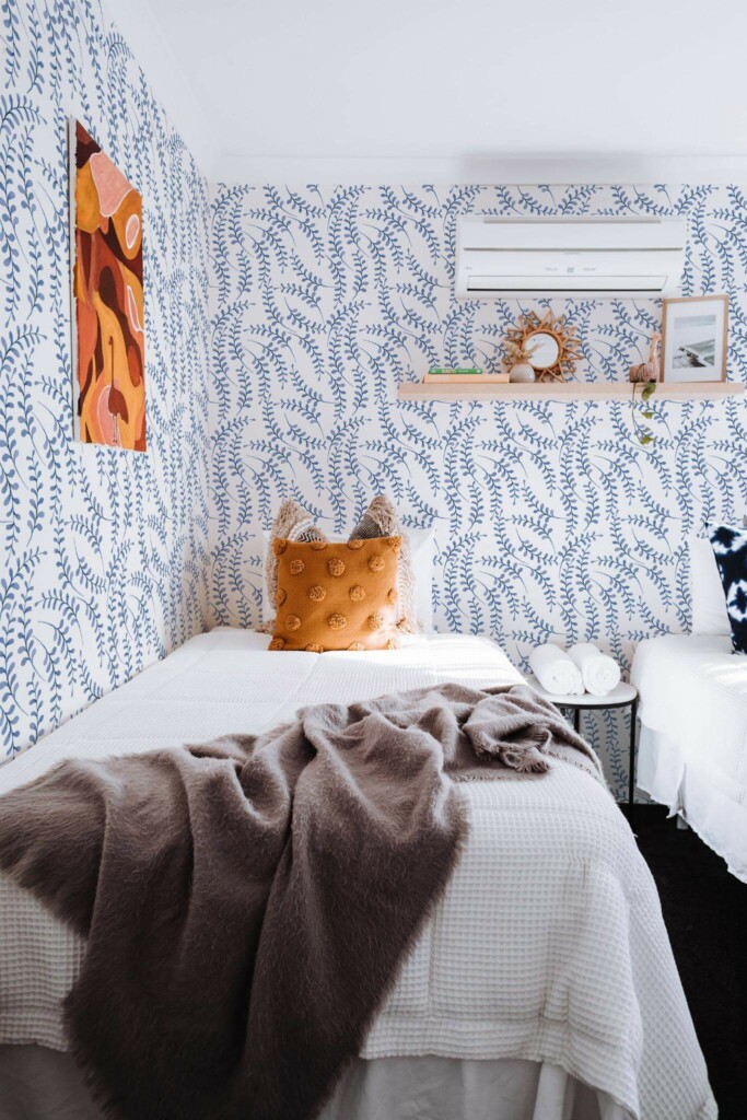 Boho style bedroom decorated with Navy peel and stick wallpaper