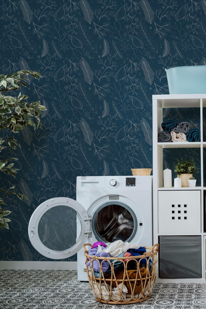 Minimal scandinavian style laundry room decorated with Navy winter peel and stick wallpaper