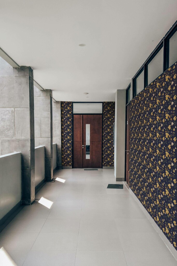 Industrial style hallway with a balcony decorated with Navy yellow floral peel and stick wallpaper