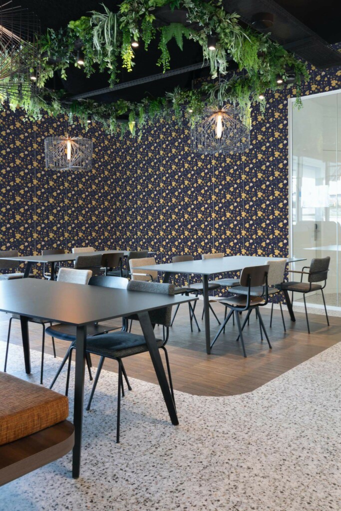 Modern style cafe decorated with Navy yellow floral peel and stick wallpaper