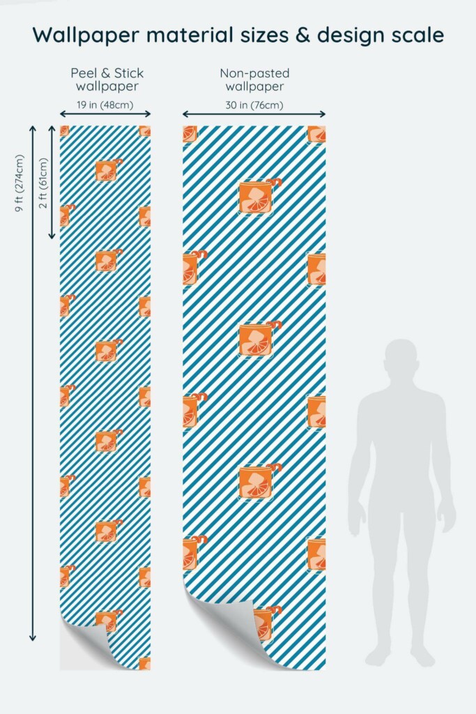 Size comparison of Negroni time Peel & Stick and Non-pasted wallpapers with design scale relative to human figure