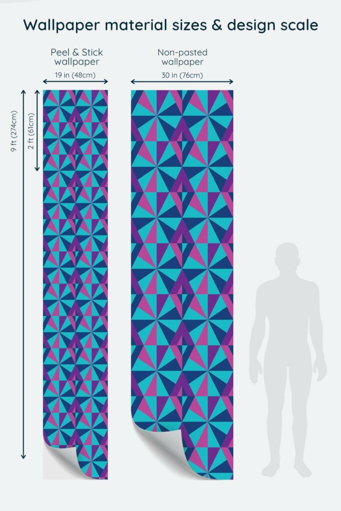Size comparison of Neon geometric Peel & Stick and Non-pasted wallpapers with design scale relative to human figure