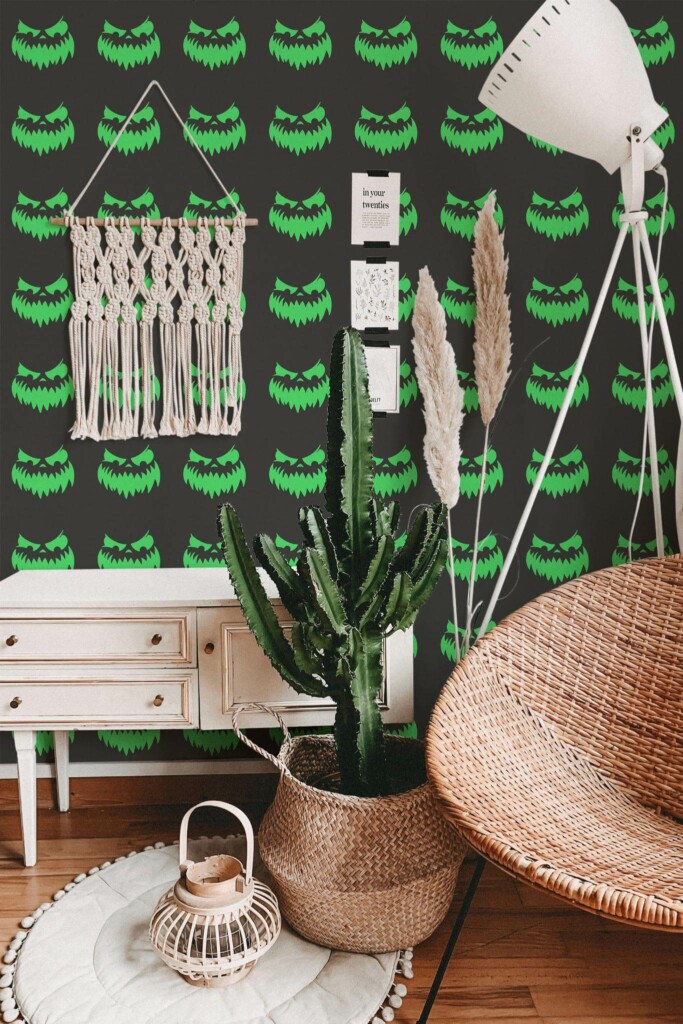 Bohemian style living room decorated with Neon green ghost peel and stick wallpaper