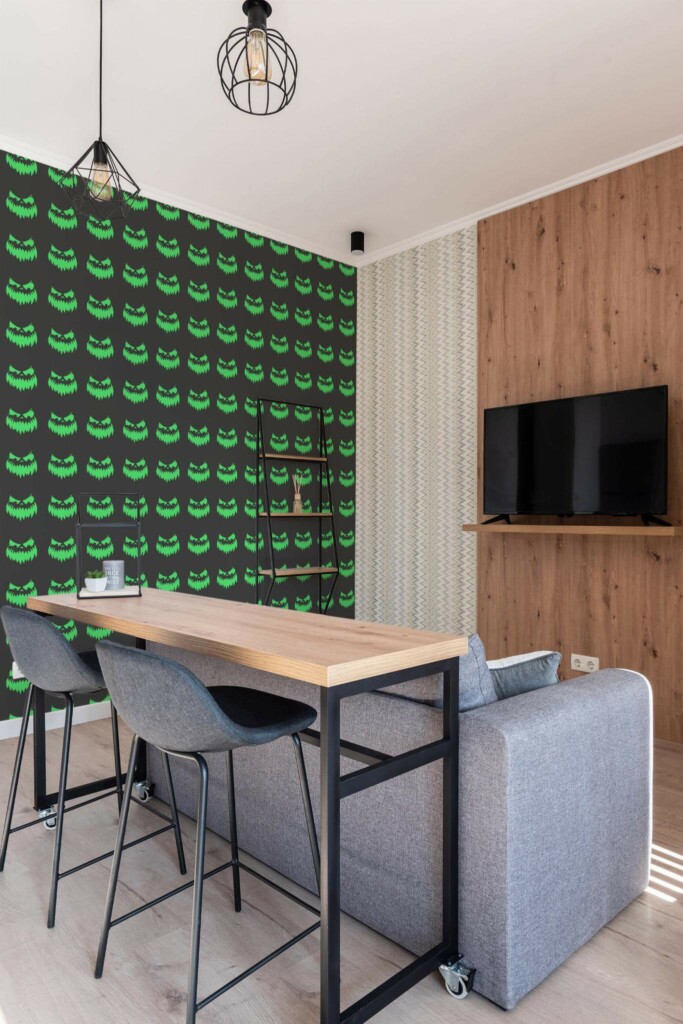Scandinavian style open living room decorated with Neon green ghost peel and stick wallpaper
