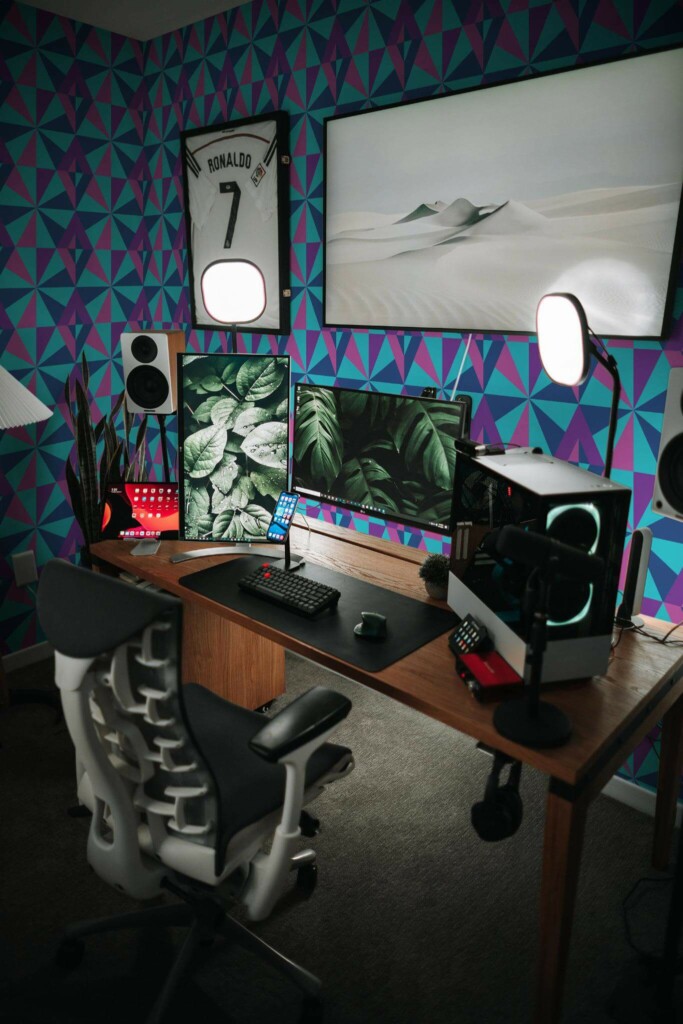 Modern eclectic style gaming room decorated with Neon retro peel and stick wallpaper