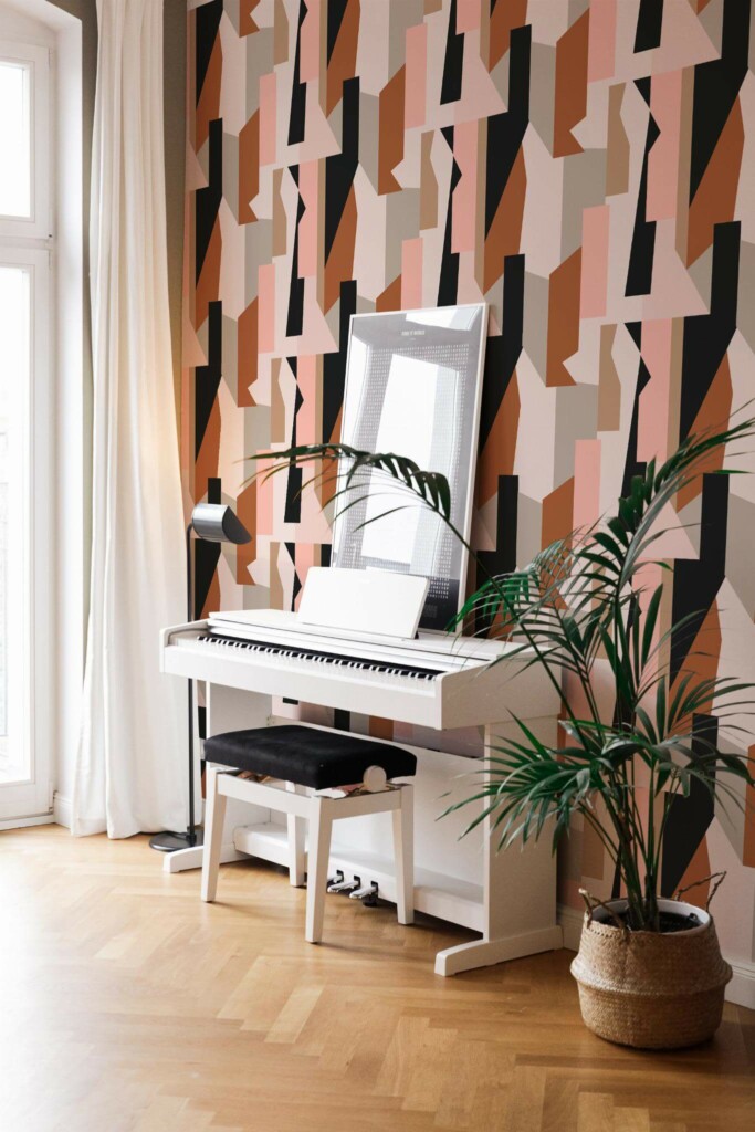 Modern style living room with a piano decorated with Neutral abstract peel and stick wallpaper