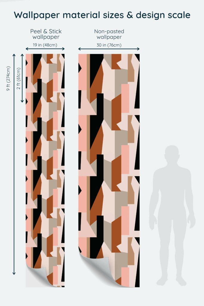 Size comparison of Neutral abstract Peel & Stick and Non-pasted wallpapers with design scale relative to human figure