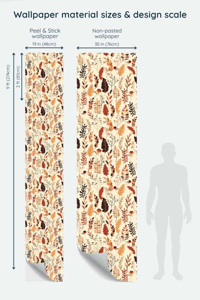 Size comparison of Neutral autumn Peel & Stick and Non-pasted wallpapers with design scale relative to human figure