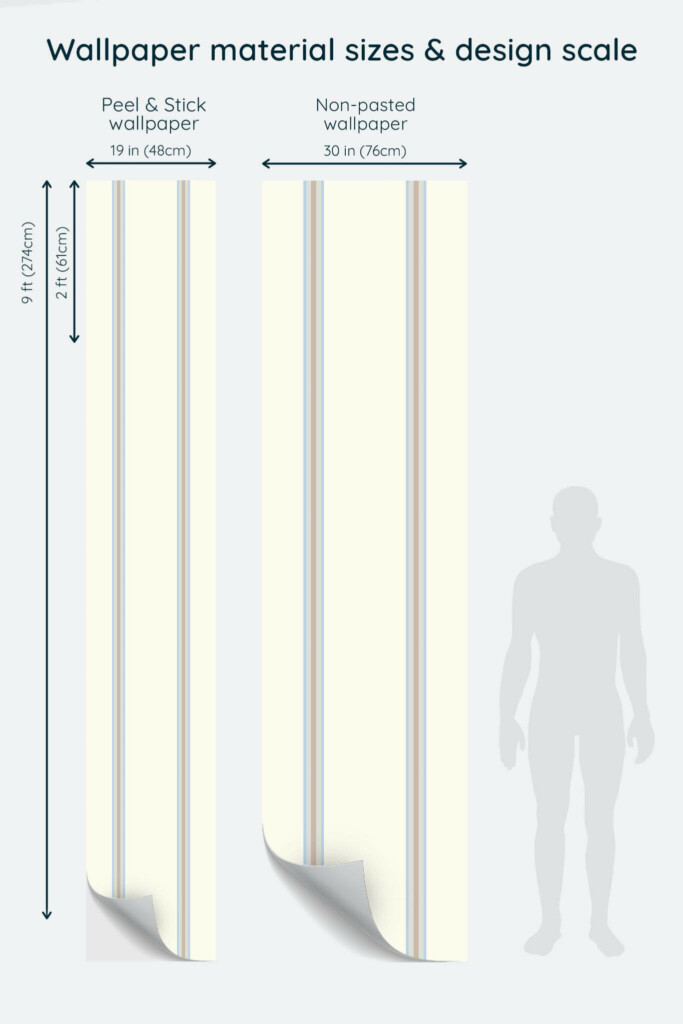 Size comparison of Neutral Beige Elegance Peel & Stick and Non-pasted wallpapers with design scale relative to human figure