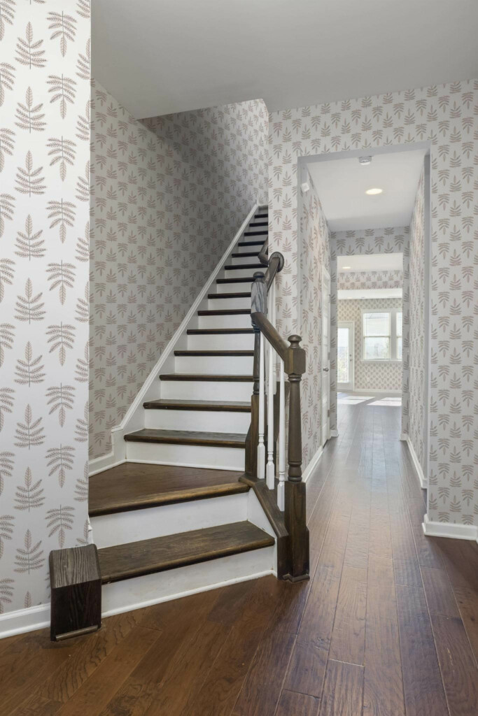 Rustic style hallway decorated with Neutral beige leaf peel and stick wallpaper