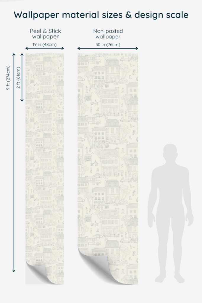 Full wallpaper roll preview showing the whimsical cityscape design in light beige with sketched architectural elements, trees, and people. Displayed beside a human silhouette for scale, this Fancy Walls wallpaper is perfect for bakery-inspired walls or spacious open-plan kitchens. Its neutral style blends well with modern or rustic farmhouse interiors.
