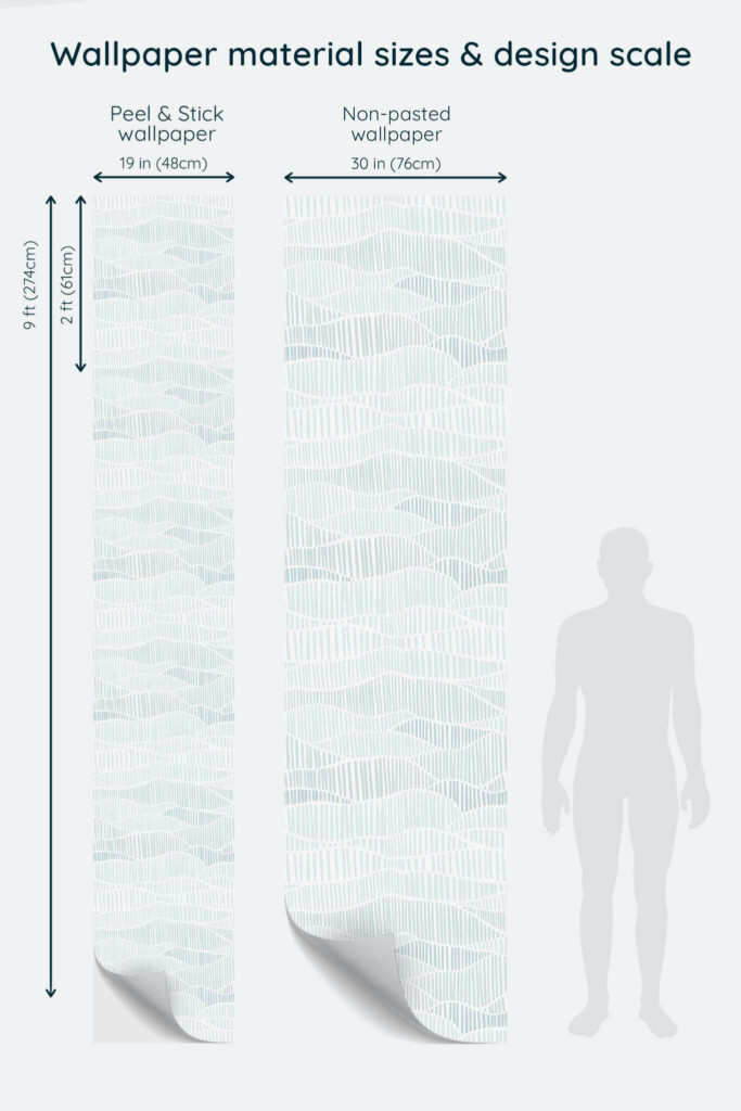 Size comparison of Neutral blue line art Peel & Stick and Non-pasted wallpapers with design scale relative to human figure
