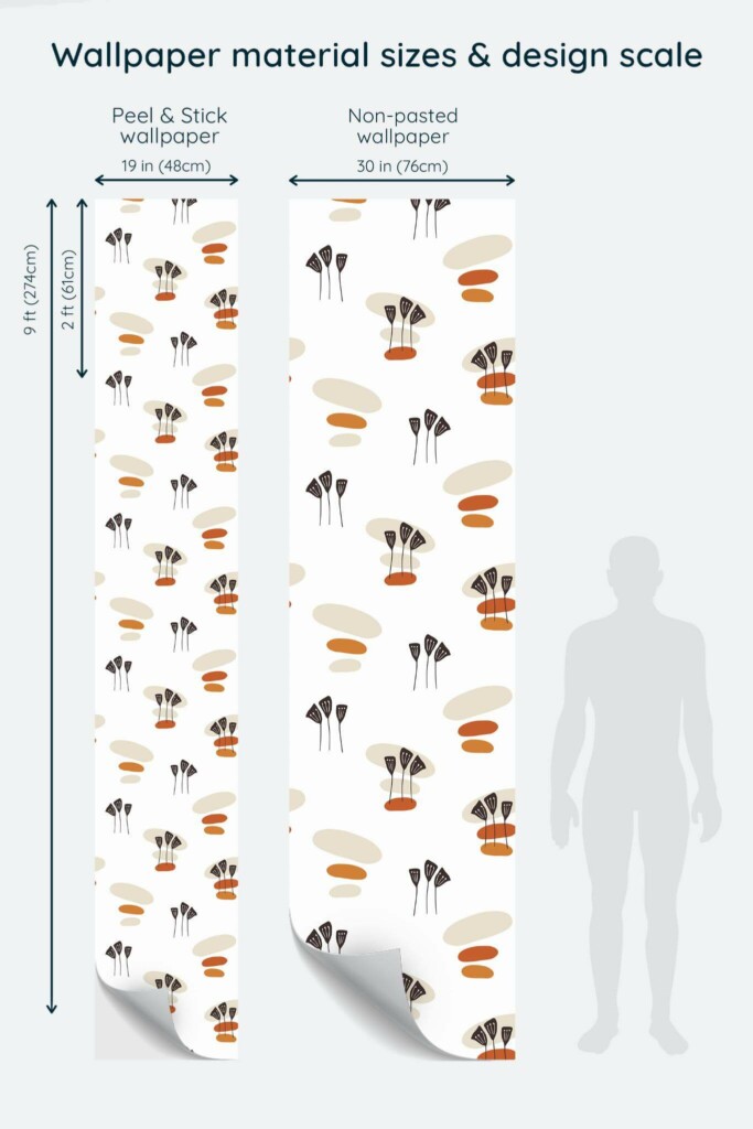 Size comparison of Neutral boho Peel & Stick and Non-pasted wallpapers with design scale relative to human figure