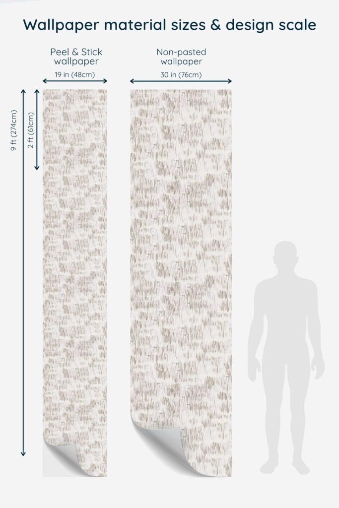 Product display showing full-length strips of Fancy Walls peel and stick or non-pasted wallpaper in a gray brush stroke design, ideal for neutral-styled spaces like spas, kitchens, or entryways.