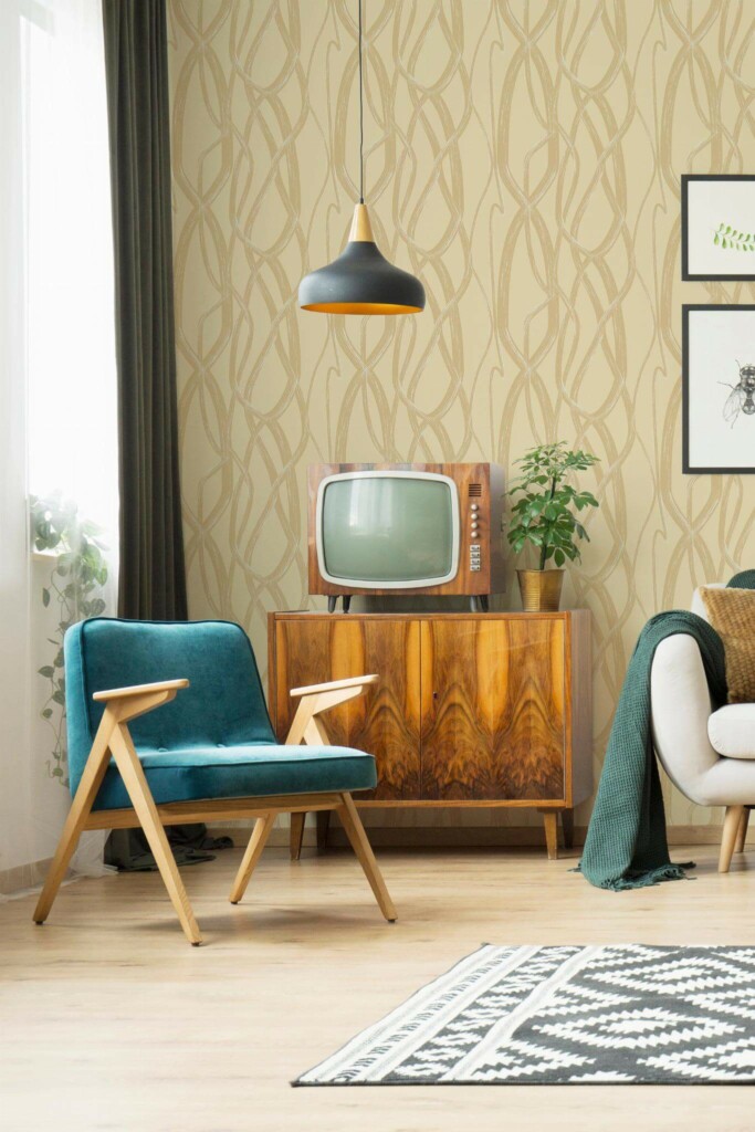 Mid-century modern style living room decorated with Neutral chain peel and stick wallpaper