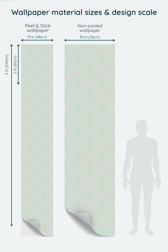 Size comparison of Neutral fine lines Peel & Stick and Non-pasted wallpapers with design scale relative to human figure