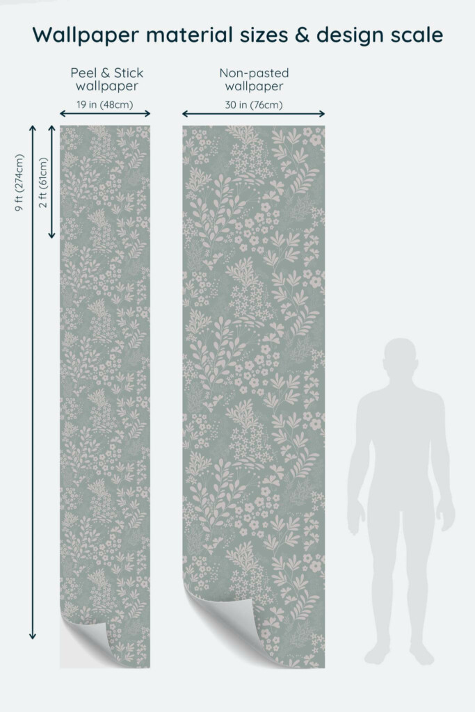 Size comparison of Neutral garden Peel & Stick and Non-pasted wallpapers with design scale relative to human figure