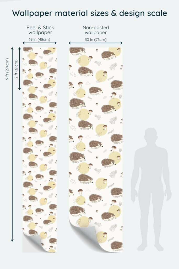Size comparison of Neutral hedgehog Peel & Stick and Non-pasted wallpapers with design scale relative to human figure